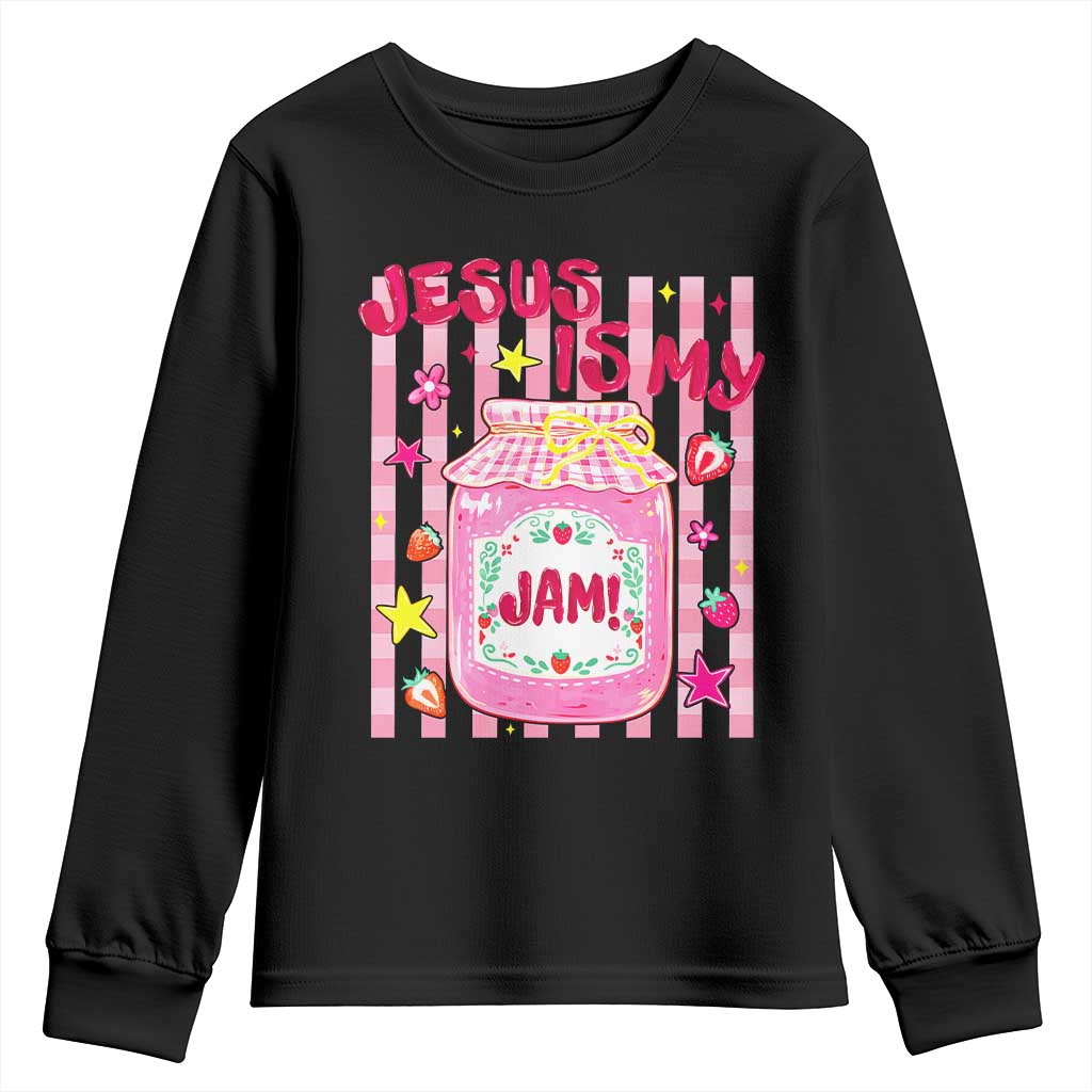 Cute Christian Faith Preppy Graphic Youth Sweatshirt Jesus Is My Jam Strawberry Fruit Jar TS02 Black Print Your Wear