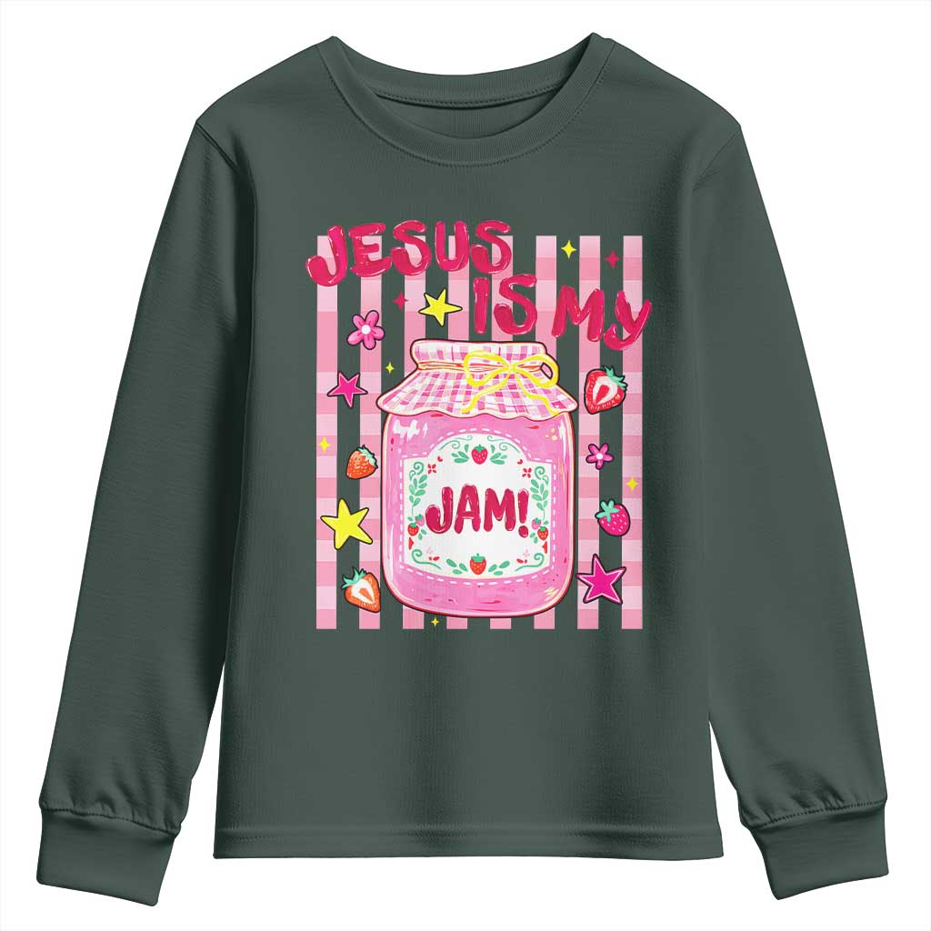 Cute Christian Faith Preppy Graphic Youth Sweatshirt Jesus Is My Jam Strawberry Fruit Jar