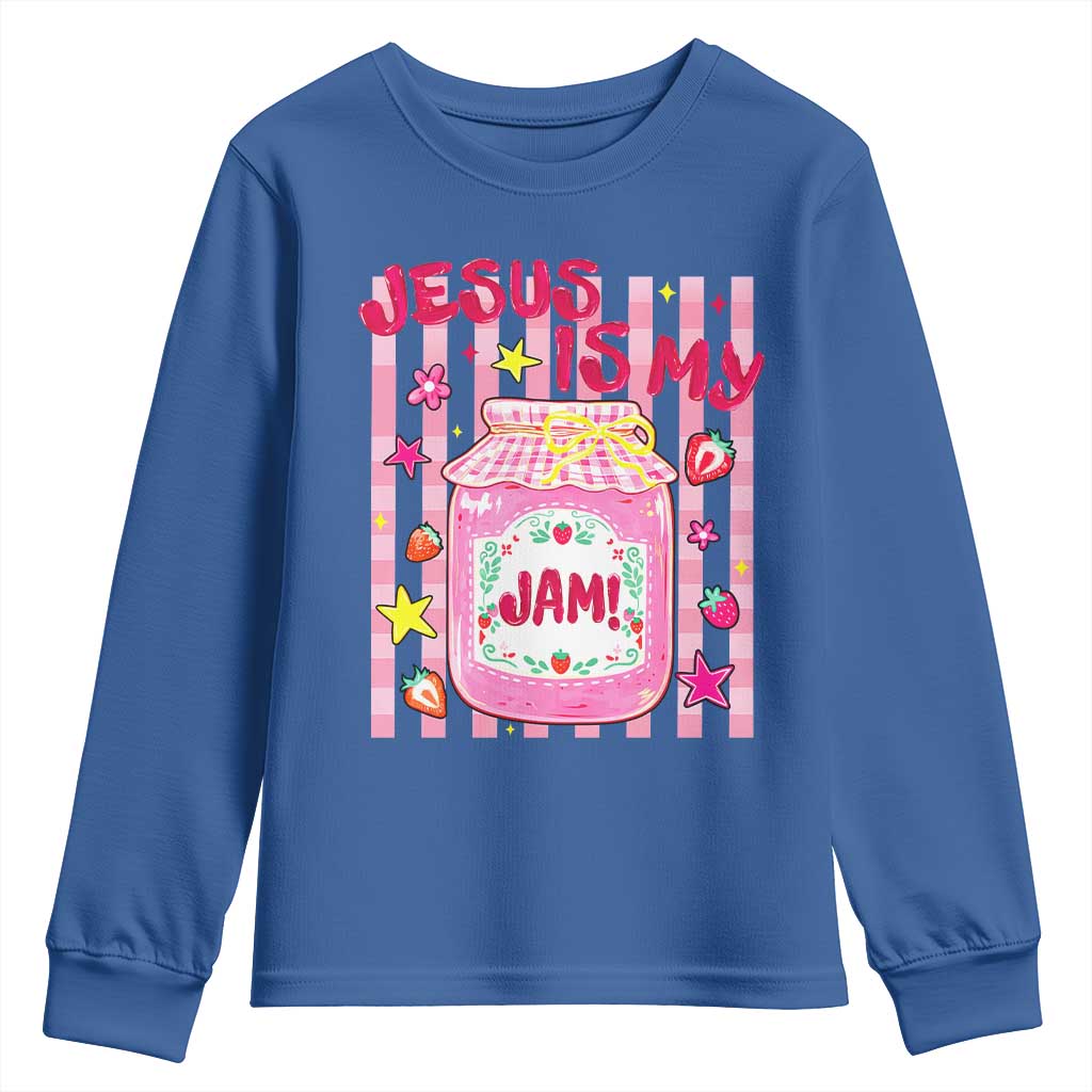 Cute Christian Faith Preppy Graphic Youth Sweatshirt Jesus Is My Jam Strawberry Fruit Jar