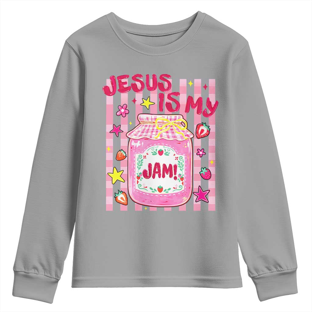 Cute Christian Faith Preppy Graphic Youth Sweatshirt Jesus Is My Jam Strawberry Fruit Jar