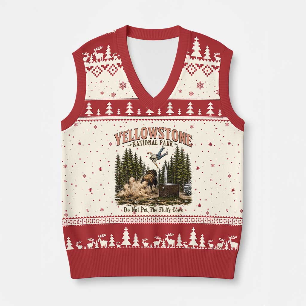 Do Not Pet The Fluffy Cows Yellowstone National Park V-Neck Knit Sweater Vest Funny Vintage Bison Tourist Attack Graphic TS02 Beige Red Print Your Wear