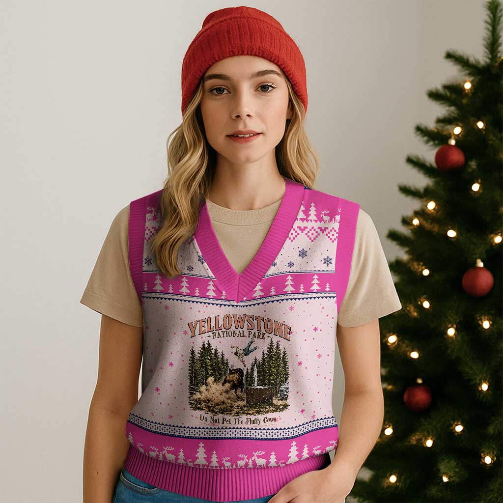 Do Not Pet The Fluffy Cows Yellowstone National Park V-Neck Knit Sweater Vest Funny Vintage Bison Tourist Attack Graphic