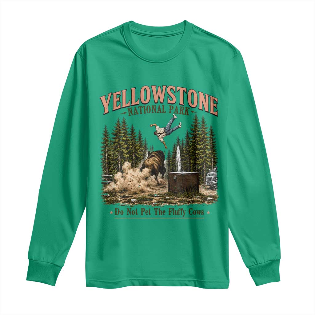 Do Not Pet The Fluffy Cows Yellowstone National Park Long Sleeve Shirt Funny Vintage Bison Tourist Attack Graphic