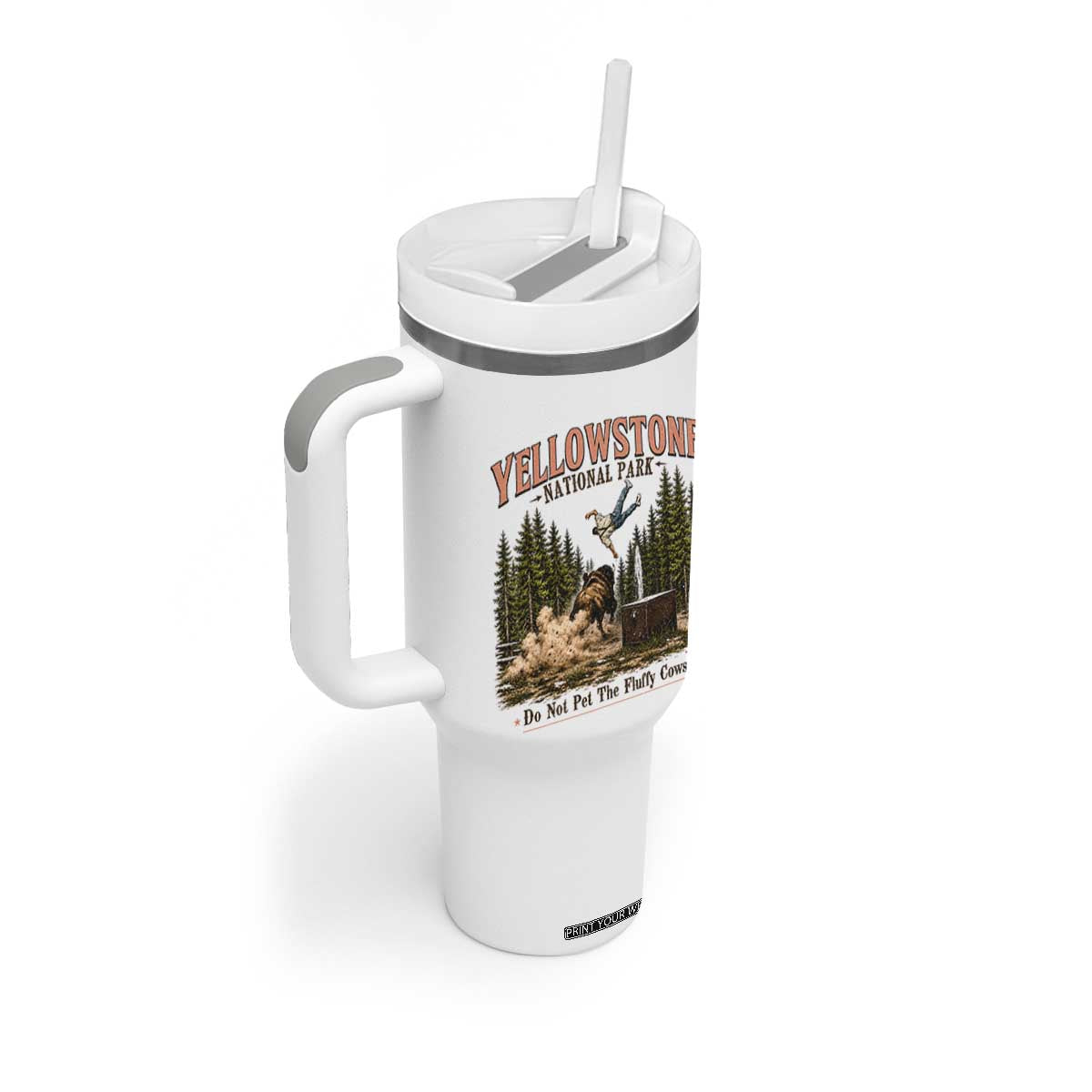 Do Not Pet The Fluffy Cows Yellowstone National Park Tumbler With Handle Funny Vintage Bison Tourist Attack Graphic