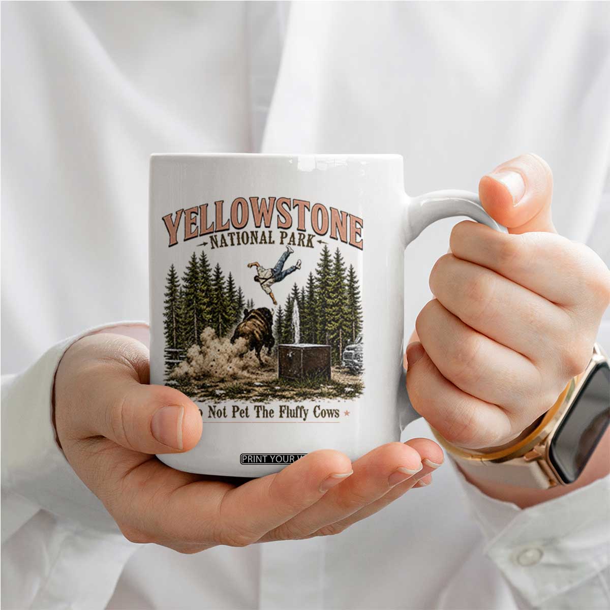 Do Not Pet The Fluffy Cows Yellowstone National Park Coffee Mug Funny Vintage Bison Tourist Attack Graphic