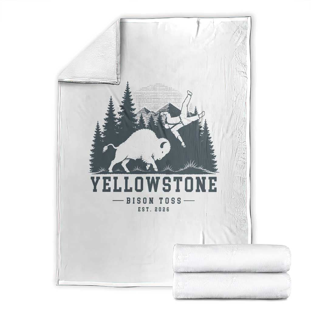 Yellowstone Bison Toss Est 2026 Throw Blanket Funny Sarcastic Tourist National Park Badge Graphic TS02 White Print Your Wear