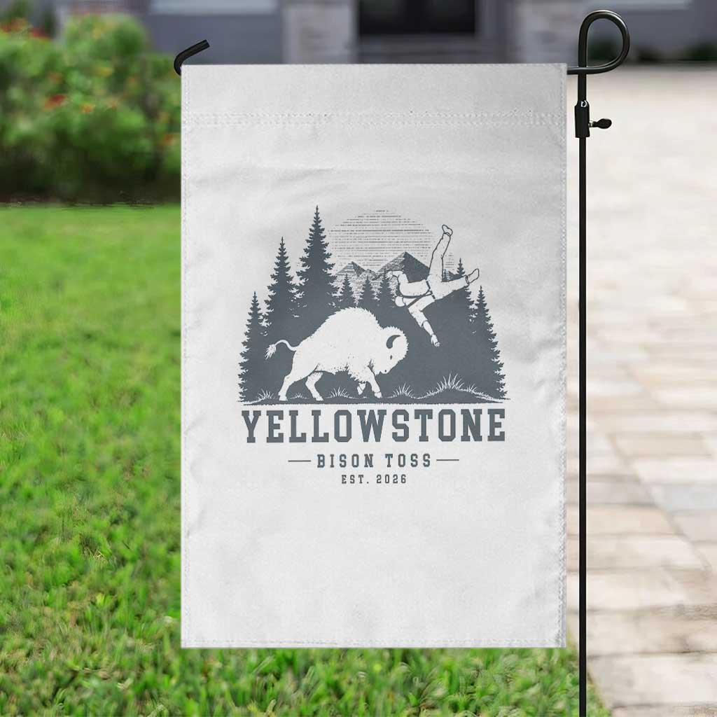 Yellowstone Bison Toss Est 2026 Garden Flag Funny Sarcastic Tourist National Park Badge Graphic