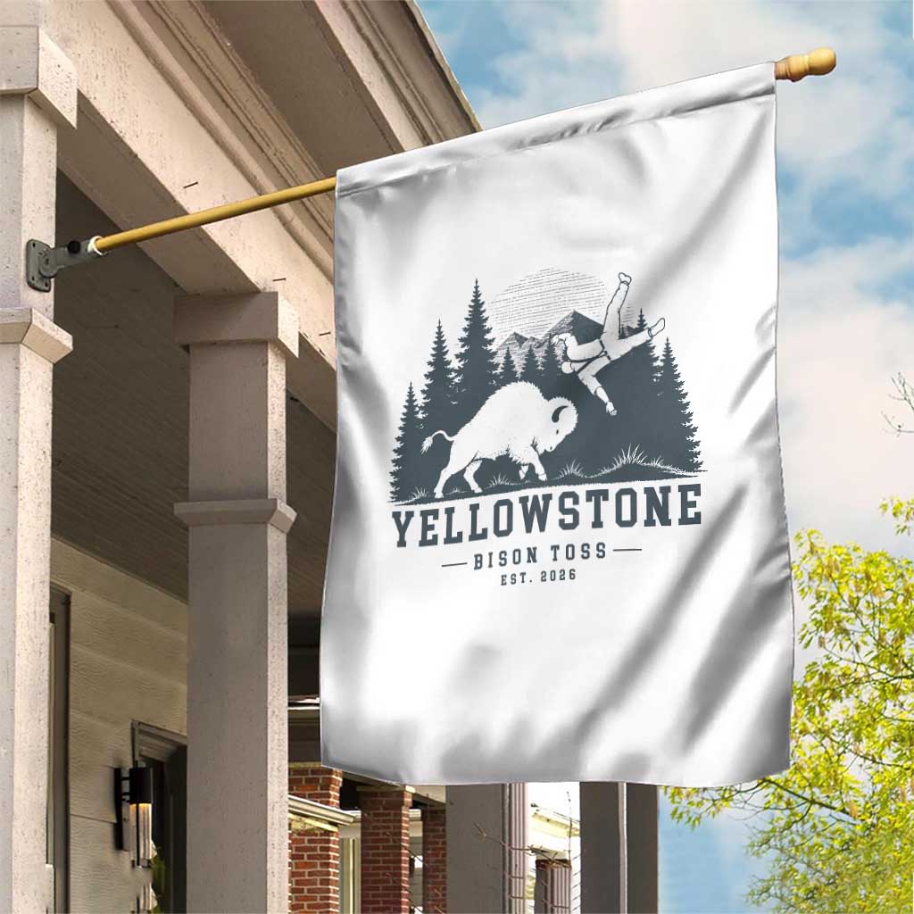 Yellowstone Bison Toss Est 2026 Garden Flag Funny Sarcastic Tourist National Park Badge Graphic