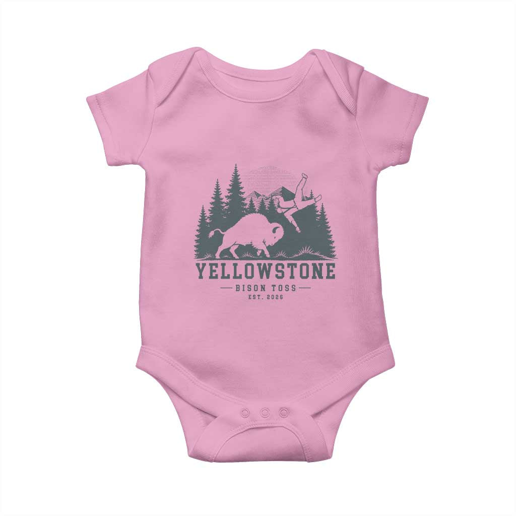 Yellowstone Bison Toss Est 2026 Baby Onesie Funny Sarcastic Tourist National Park Badge Graphic