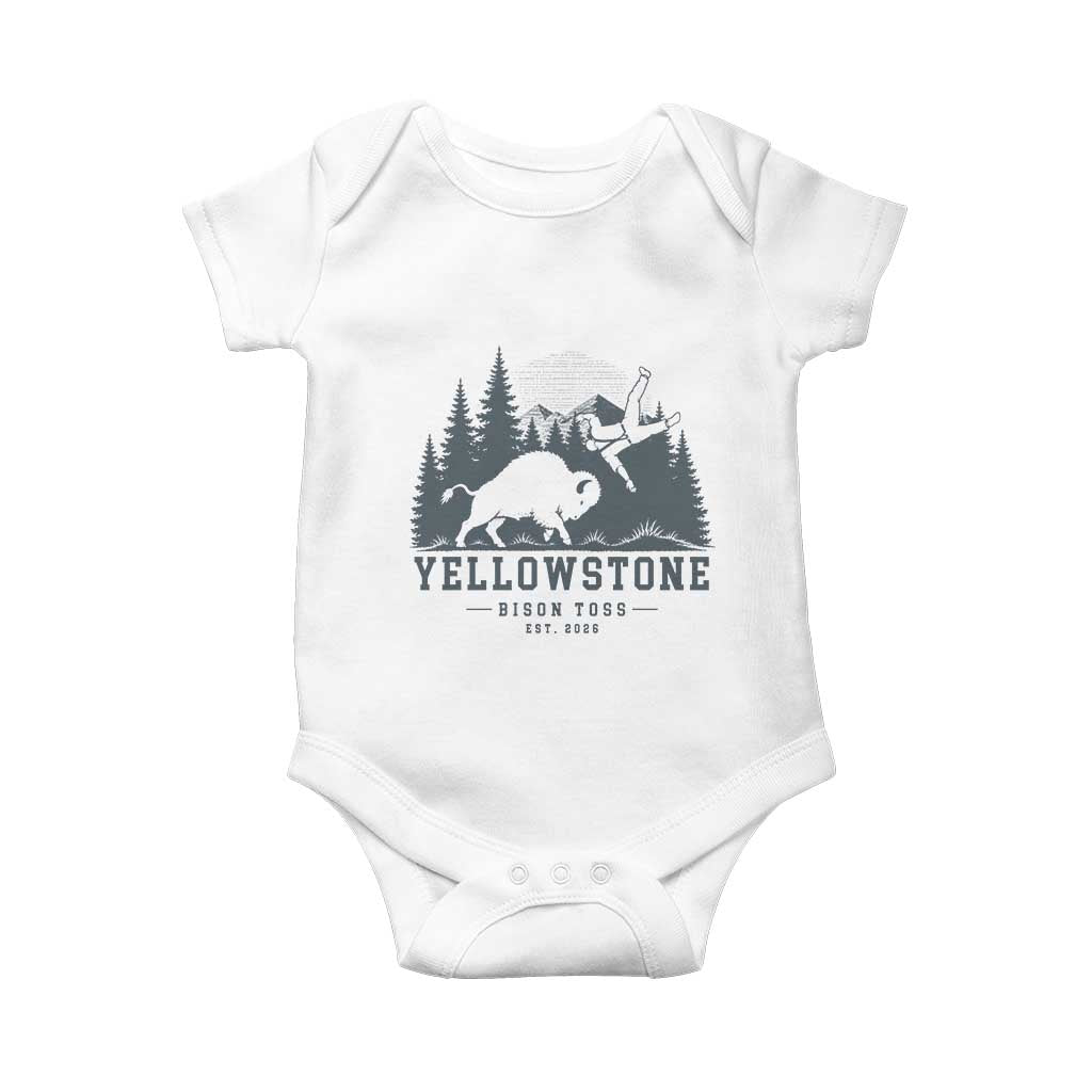 Yellowstone Bison Toss Est 2026 Baby Onesie Funny Sarcastic Tourist National Park Badge Graphic