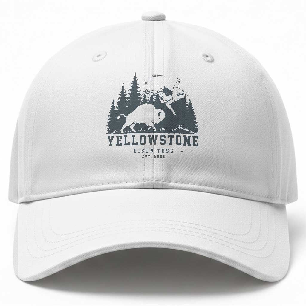 Yellowstone Bison Toss Est 2026 Baseball Cap Funny Sarcastic Tourist National Park Badge Graphic TS02 Print Your Wear
