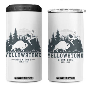 Yellowstone Bison Toss Est 2026 4 in 1 Can Cooler Tumbler Funny Sarcastic Tourist National Park Badge Graphic