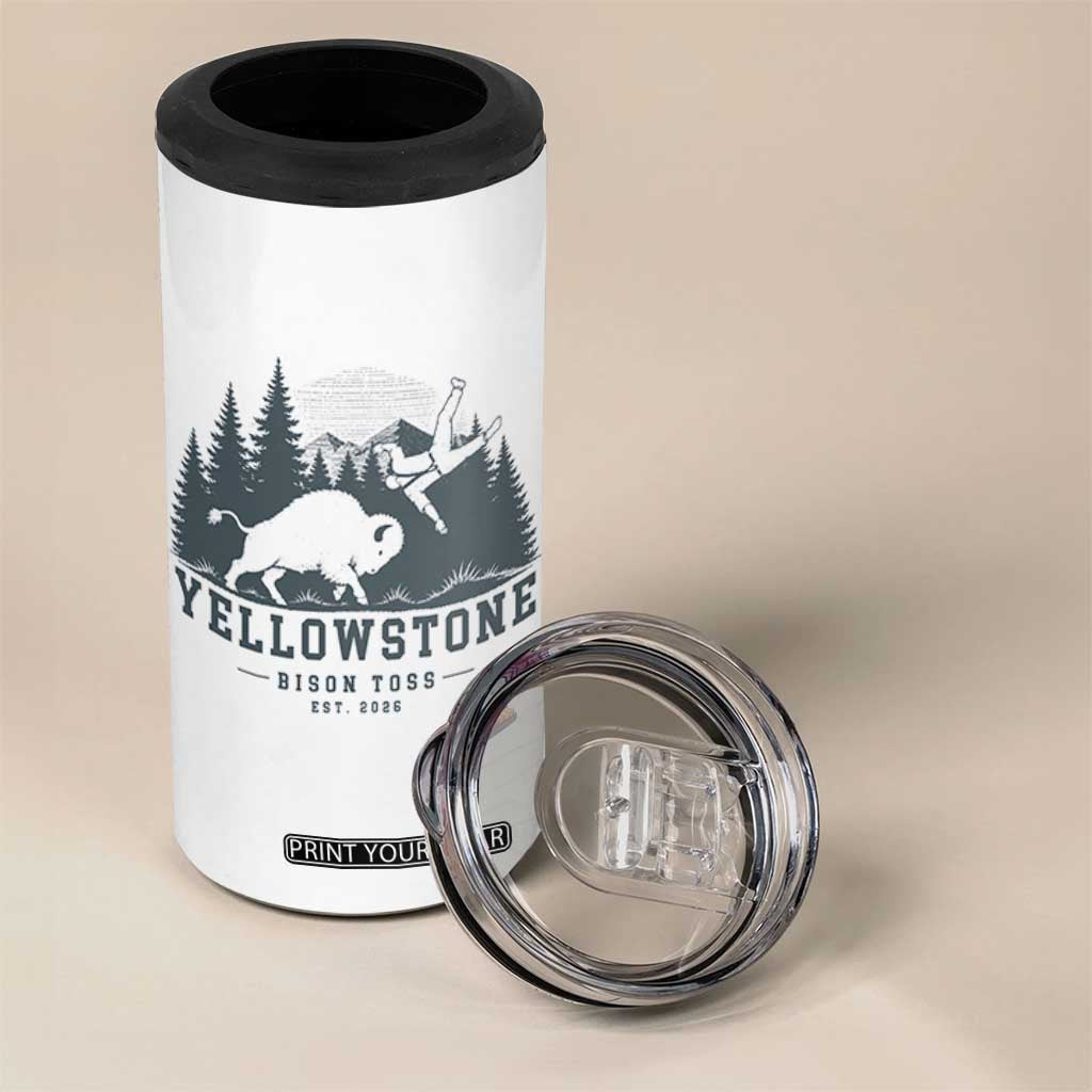 Yellowstone Bison Toss Est 2026 4 in 1 Can Cooler Tumbler Funny Sarcastic Tourist National Park Badge Graphic