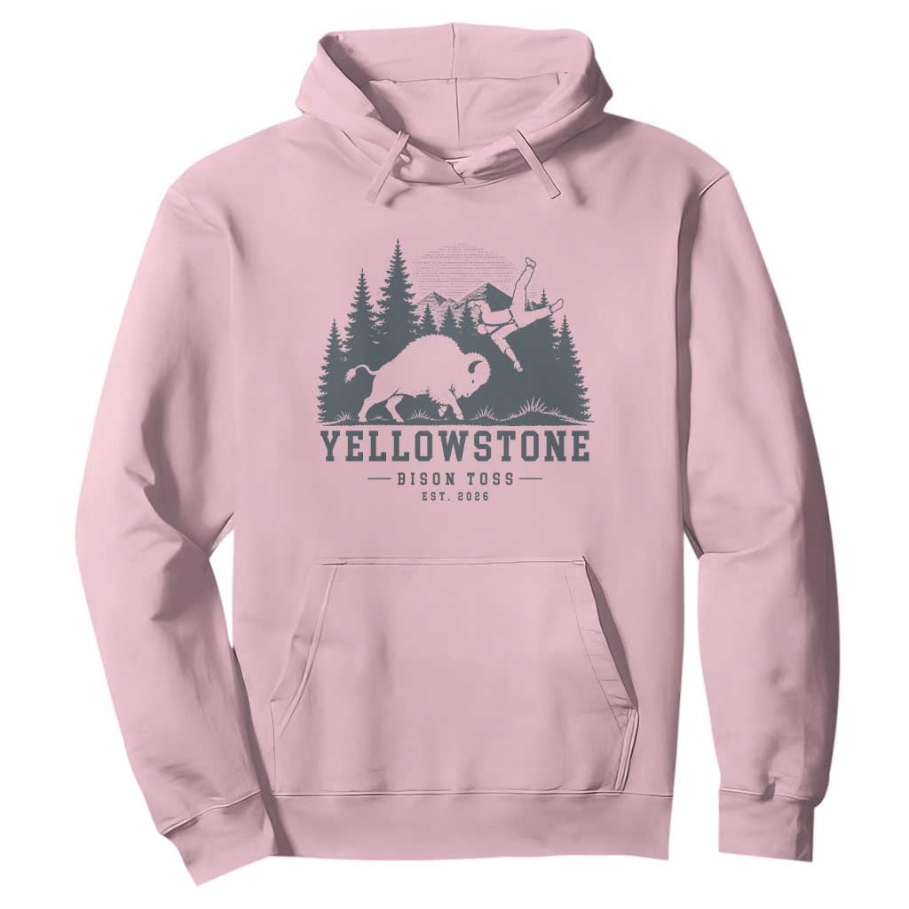 Yellowstone Bison Toss Est 2026 Hoodie Funny Sarcastic Tourist National Park Badge Graphic