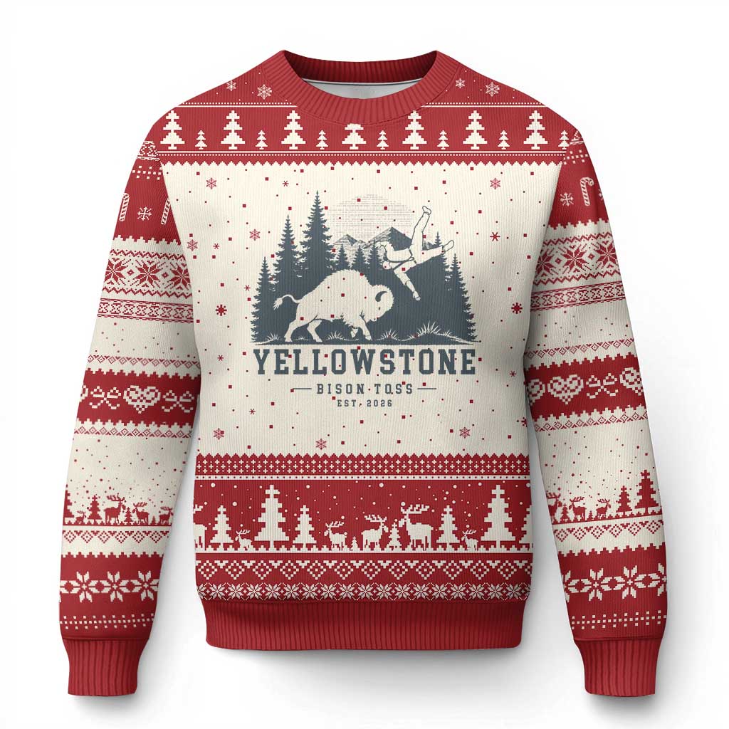 Yellowstone Bison Toss Est 2026 Ugly Christmas Sweater Funny Sarcastic Tourist National Park Badge Graphic TS02 Beige Red Print Your Wear