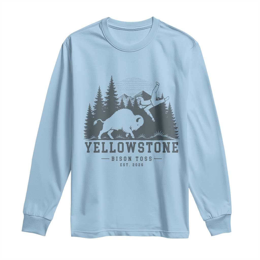 Yellowstone Bison Toss Est 2026 Long Sleeve Shirt Funny Sarcastic Tourist National Park Badge Graphic