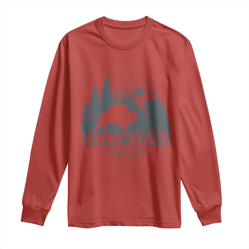 Yellowstone Bison Toss Est 2026 Long Sleeve Shirt Funny Sarcastic Tourist National Park Badge Graphic