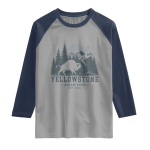 Yellowstone Bison Toss Est 2026 Raglan Shirt Funny Sarcastic Tourist National Park Badge Graphic