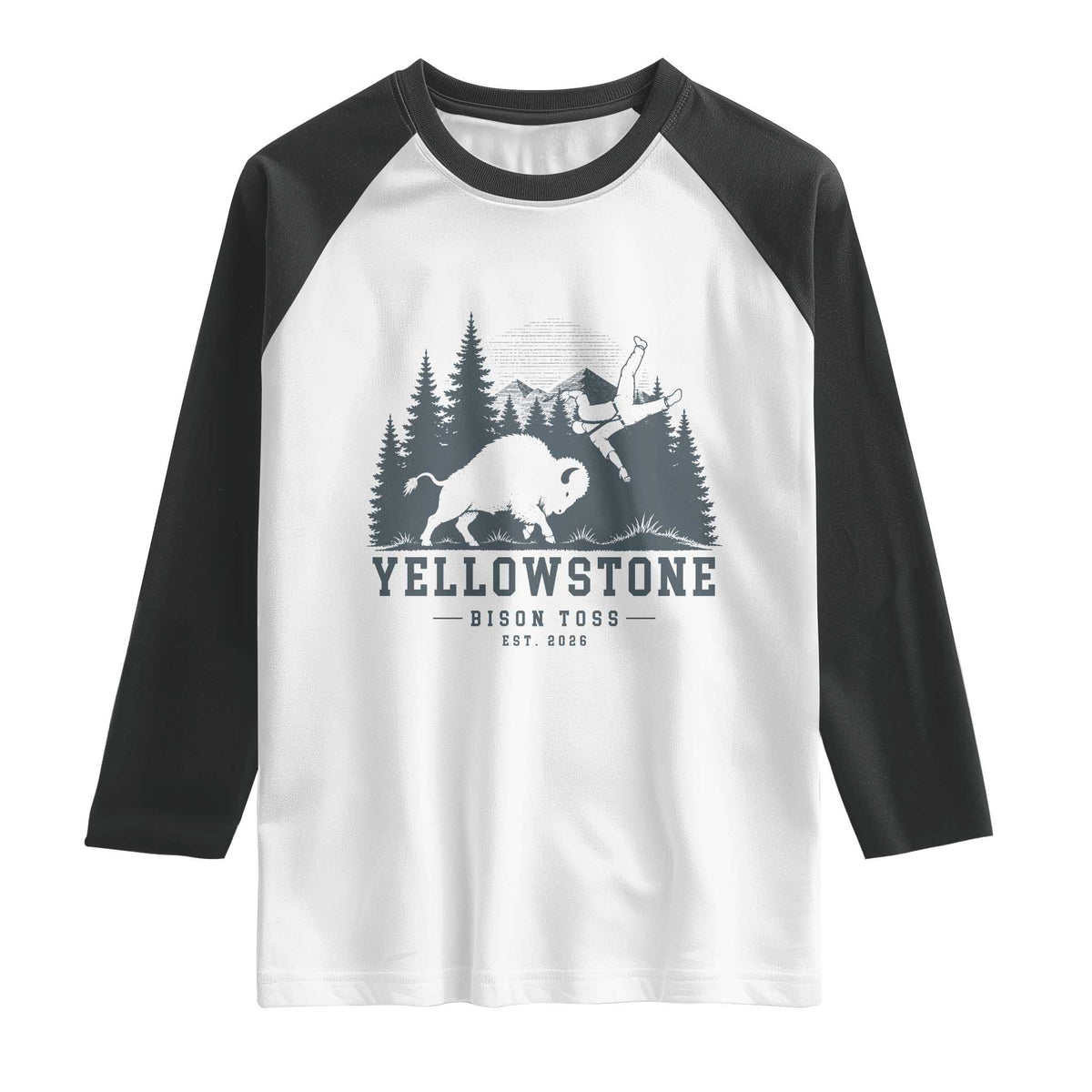 Yellowstone Bison Toss Est 2026 Raglan Shirt Funny Sarcastic Tourist National Park Badge Graphic
