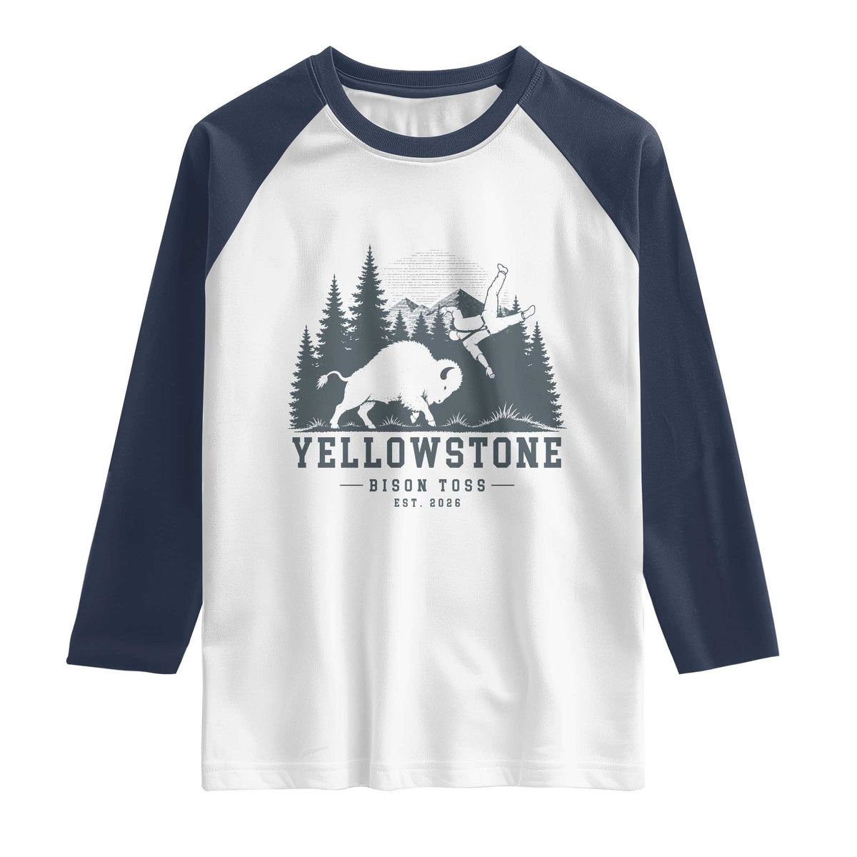 Yellowstone Bison Toss Est 2026 Raglan Shirt Funny Sarcastic Tourist National Park Badge Graphic