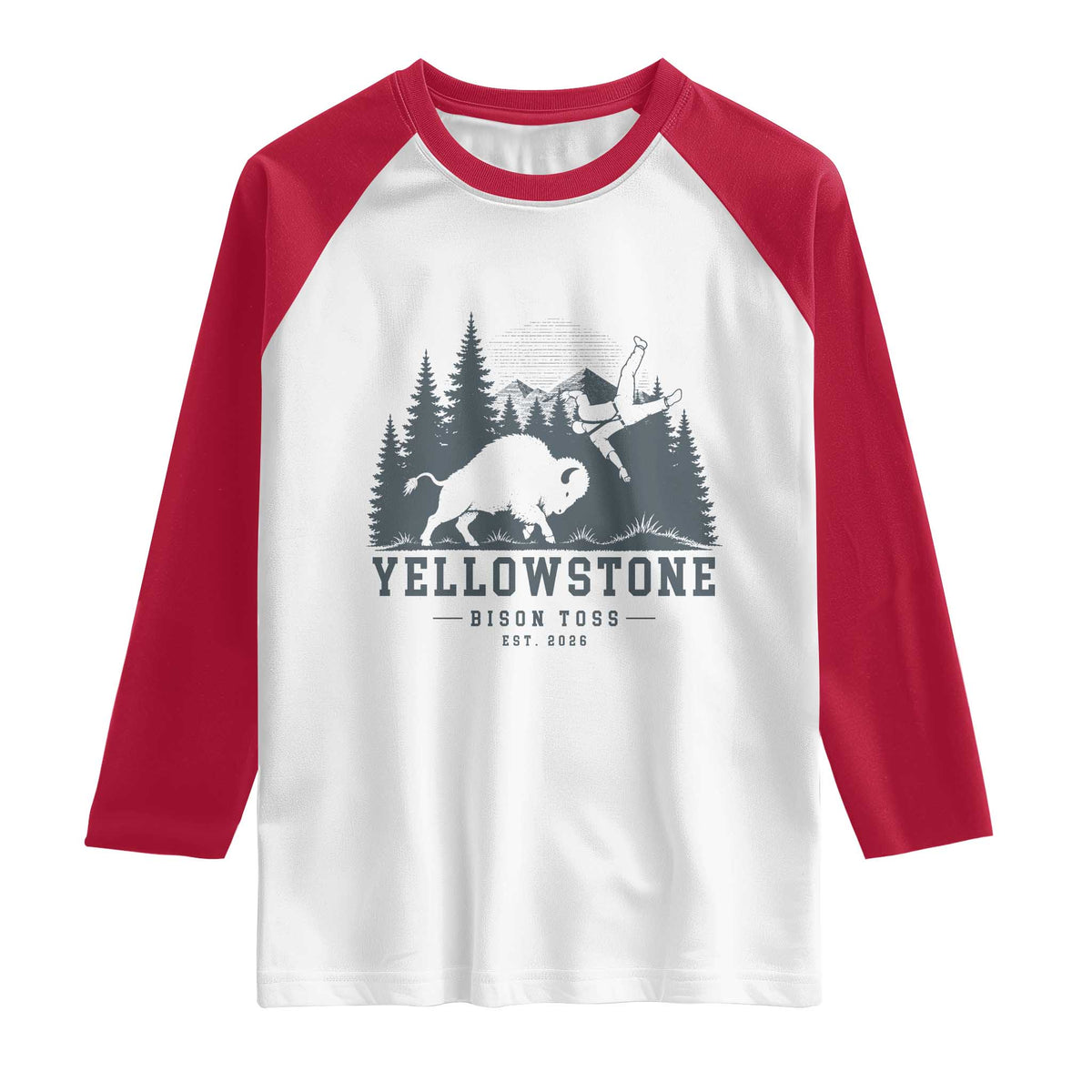 Yellowstone Bison Toss Est 2026 Raglan Shirt Funny Sarcastic Tourist National Park Badge Graphic