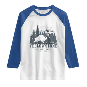 Yellowstone Bison Toss Est 2026 Raglan Shirt Funny Sarcastic Tourist National Park Badge Graphic
