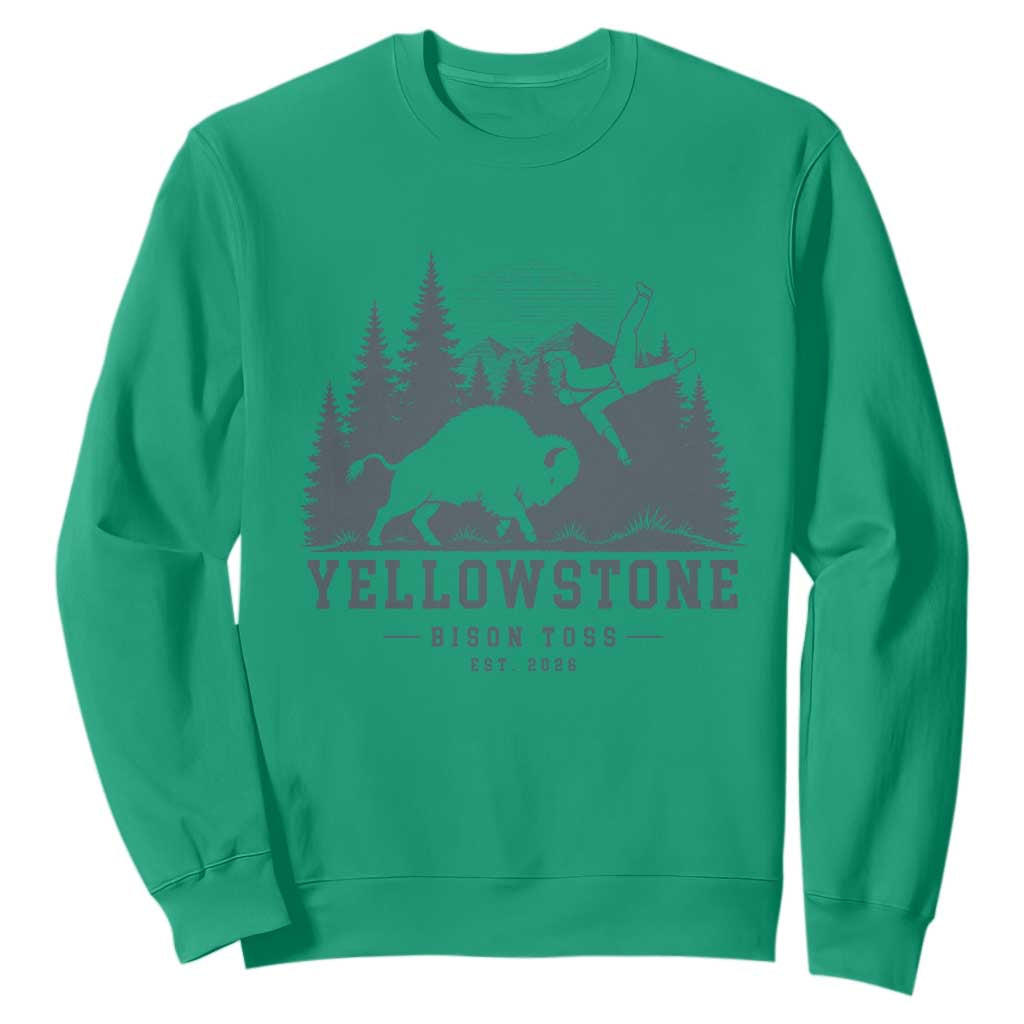 Yellowstone Bison Toss Est 2026 Sweatshirt Funny Sarcastic Tourist National Park Badge Graphic