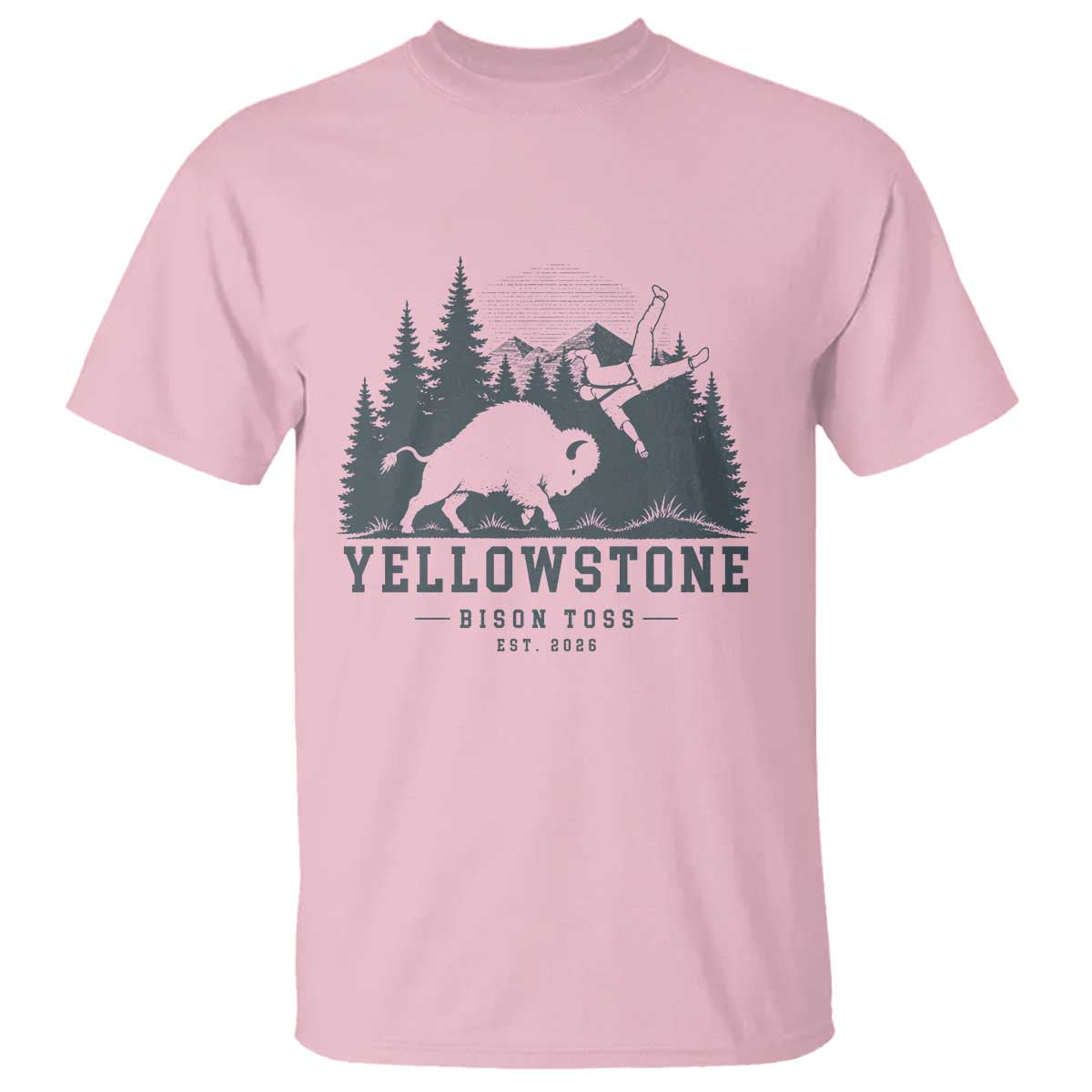 Yellowstone Bison Toss Est 2026 T Shirt Funny Sarcastic Tourist National Park Badge Graphic