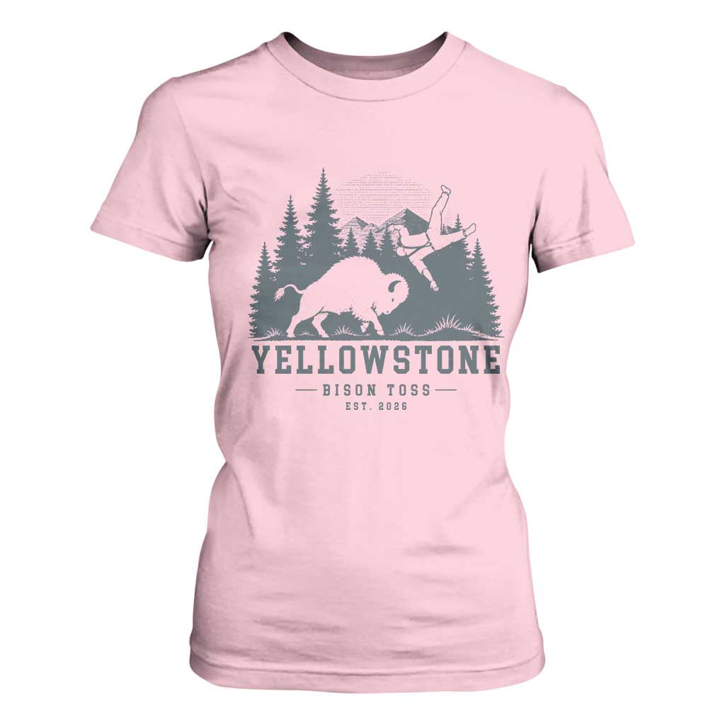 Yellowstone Bison Toss Est 2026 T Shirt For Women Funny Sarcastic Tourist National Park Badge Graphic