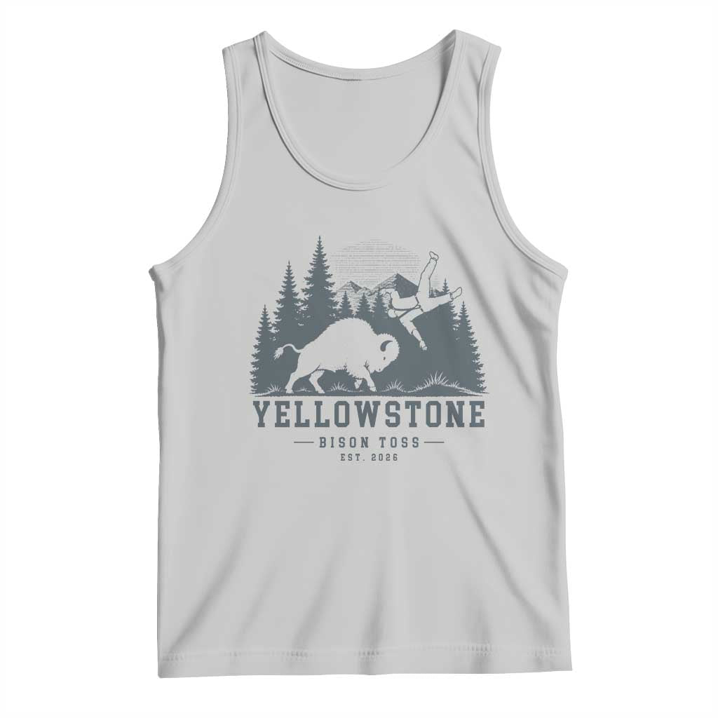 Yellowstone Bison Toss Est 2026 Tank Top Funny Sarcastic Tourist National Park Badge Graphic