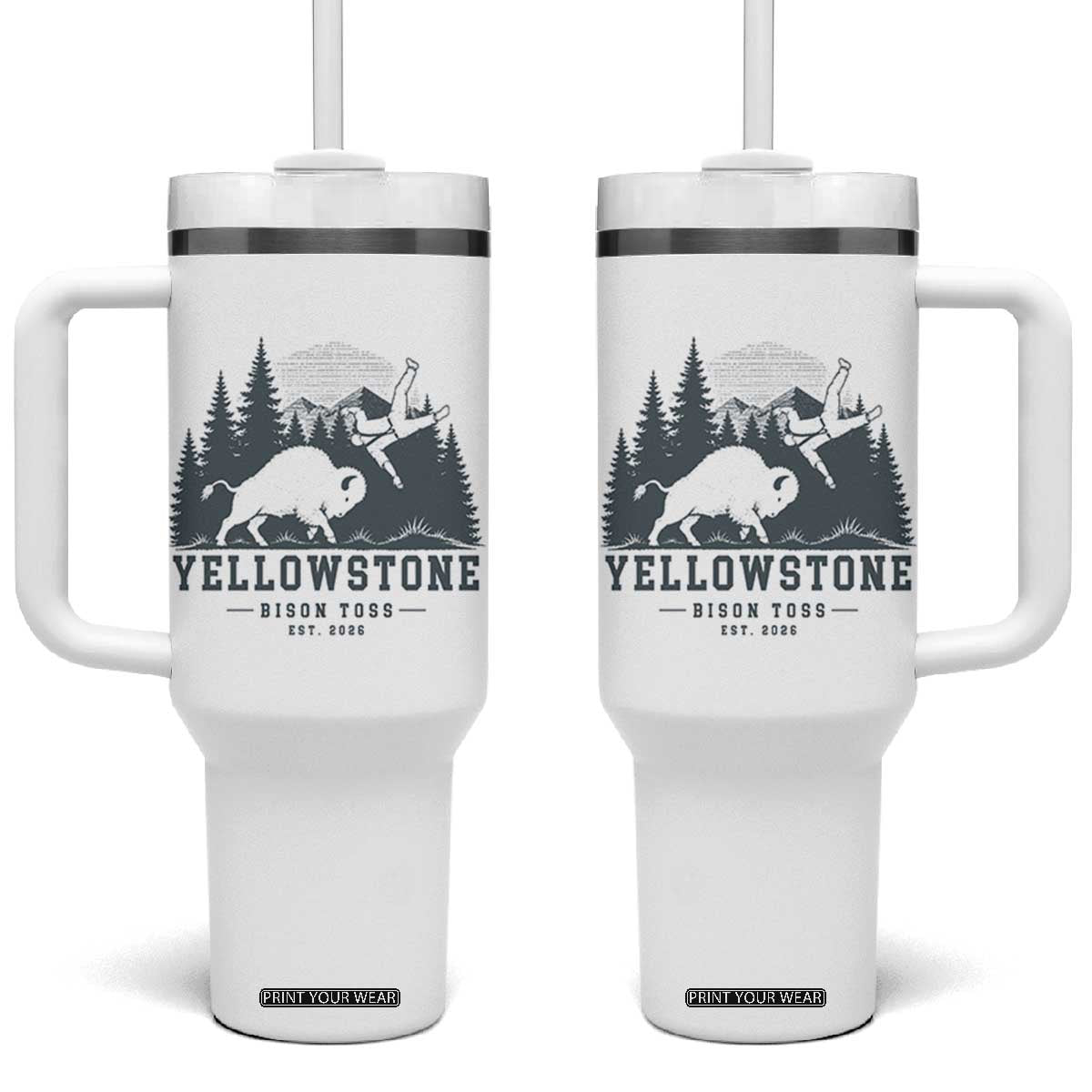 Yellowstone Bison Toss Est 2026 Tumbler With Handle Funny Sarcastic Tourist National Park Badge Graphic