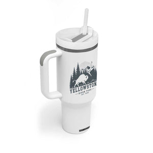 Yellowstone Bison Toss Est 2026 Tumbler With Handle Funny Sarcastic Tourist National Park Badge Graphic