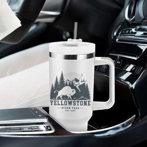 Yellowstone Bison Toss Est 2026 Tumbler With Handle Funny Sarcastic Tourist National Park Badge Graphic