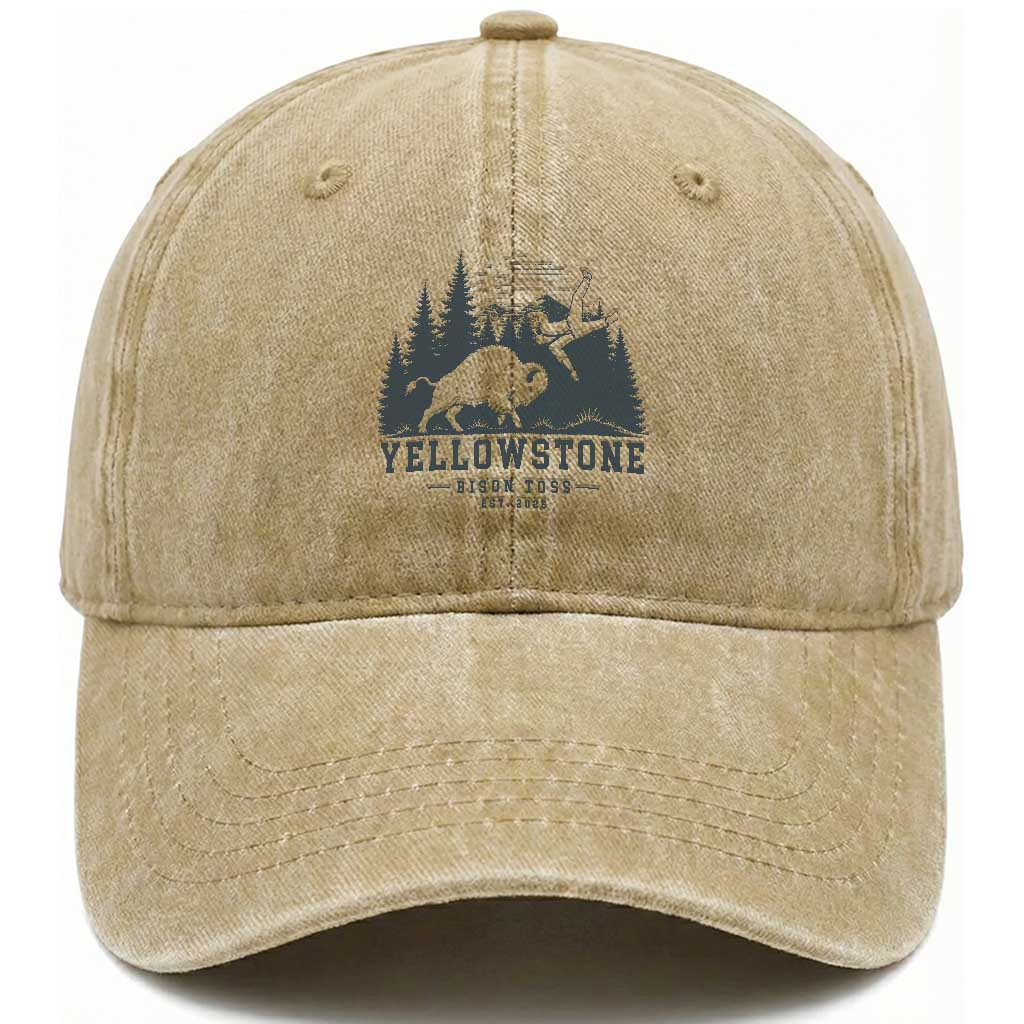 Yellowstone Bison Toss Est 2026 Washed Cotton Baseball Cap Funny Sarcastic Tourist National Park Badge Graphic TS02 Print Your Wear
