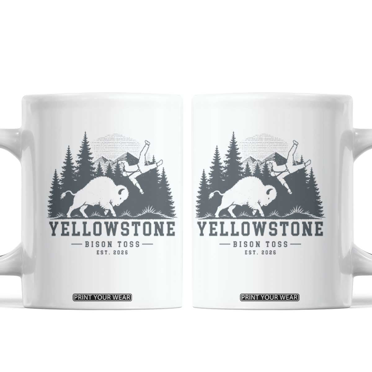 Yellowstone Bison Toss Est 2026 Coffee Mug Funny Sarcastic Tourist National Park Badge Graphic