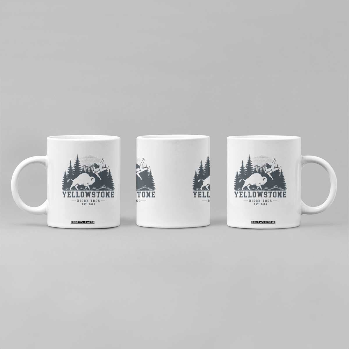 Yellowstone Bison Toss Est 2026 Coffee Mug Funny Sarcastic Tourist National Park Badge Graphic