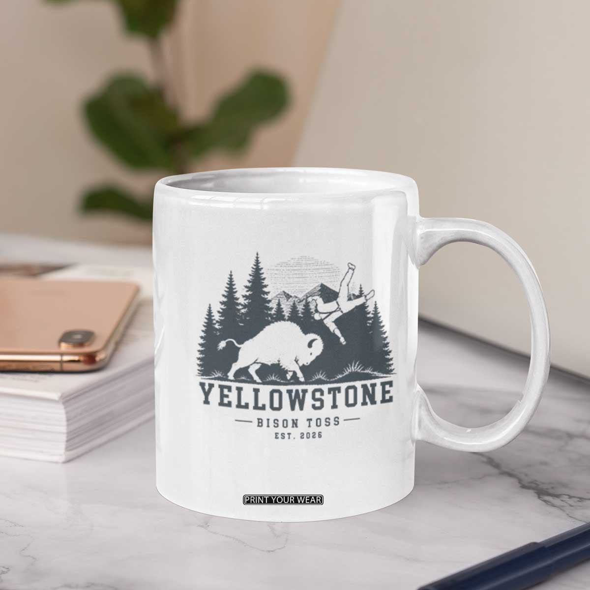Yellowstone Bison Toss Est 2026 Coffee Mug Funny Sarcastic Tourist National Park Badge Graphic