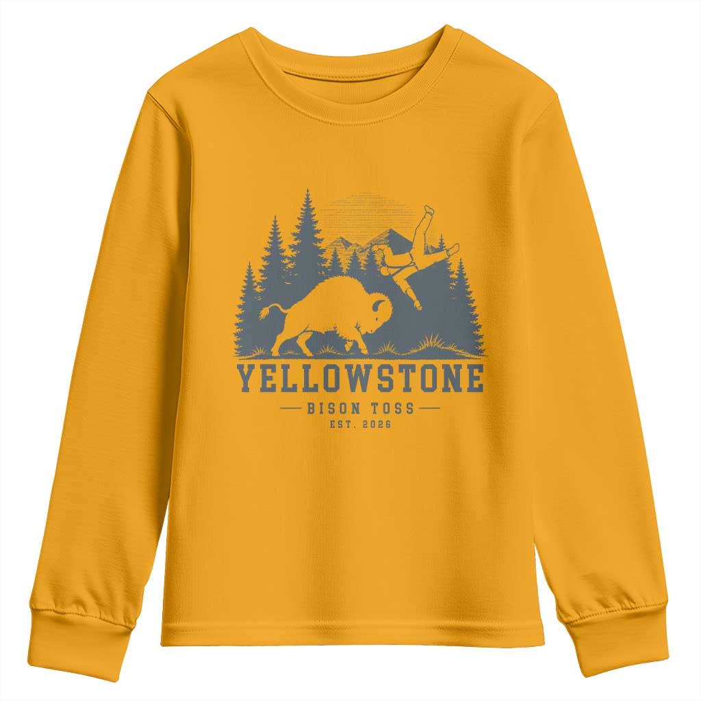 Yellowstone Bison Toss Est 2026 Youth Sweatshirt Funny Sarcastic Tourist National Park Badge Graphic