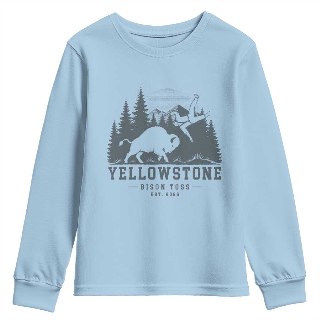 Yellowstone Bison Toss Est 2026 Youth Sweatshirt Funny Sarcastic Tourist National Park Badge Graphic