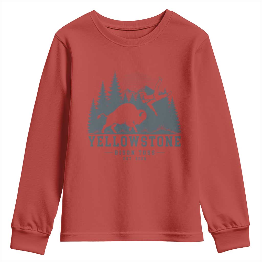 Yellowstone Bison Toss Est 2026 Youth Sweatshirt Funny Sarcastic Tourist National Park Badge Graphic