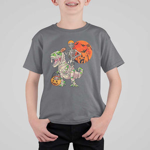 Football Skeleton T Shirt For Kid American Football Halloween Skeleton Riding Dinosaur Football Fan TS02 Charcoal Print Your Wear