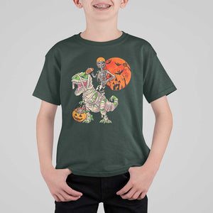 Football Skeleton T Shirt For Kid American Football Halloween Skeleton Riding Dinosaur Football Fan TS02 Dark Forest Green Print Your Wear