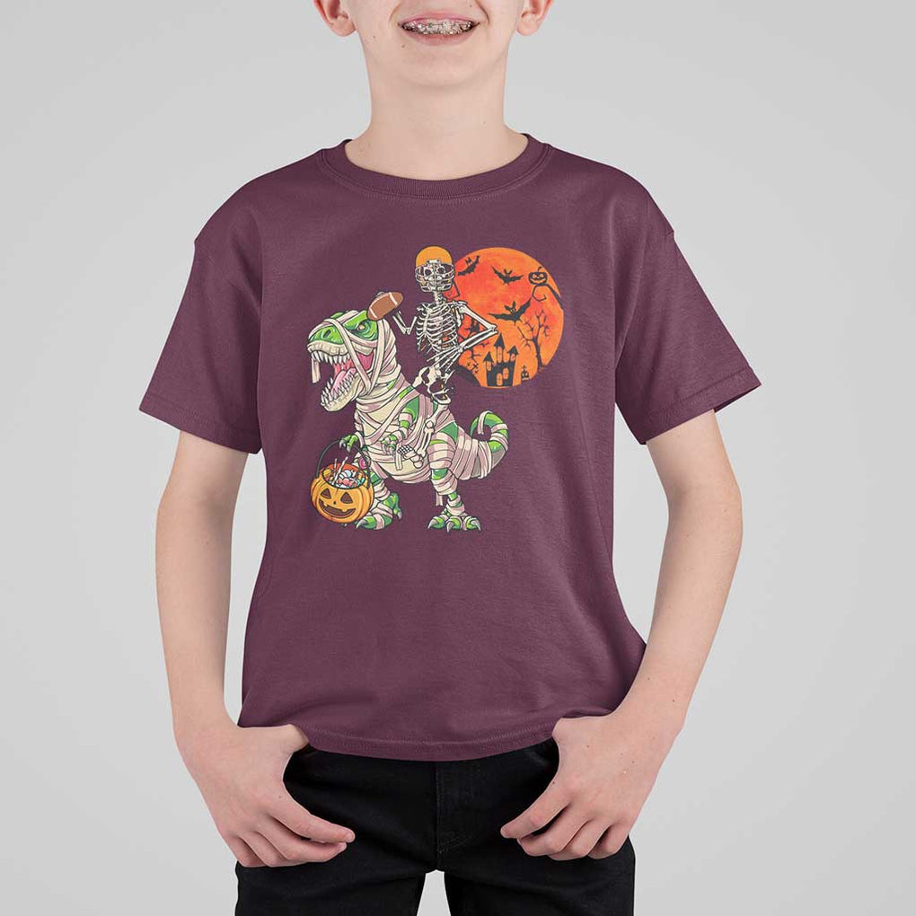 Football Skeleton T Shirt For Kid American Football Halloween Skeleton Riding Dinosaur Football Fan TS02 Maroon Print Your Wear