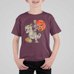 Football Skeleton T Shirt For Kid American Football Halloween Skeleton Riding Dinosaur Football Fan TS02 Maroon Print Your Wear