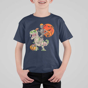 Football Skeleton T Shirt For Kid American Football Halloween Skeleton Riding Dinosaur Football Fan TS02 Navy Print Your Wear