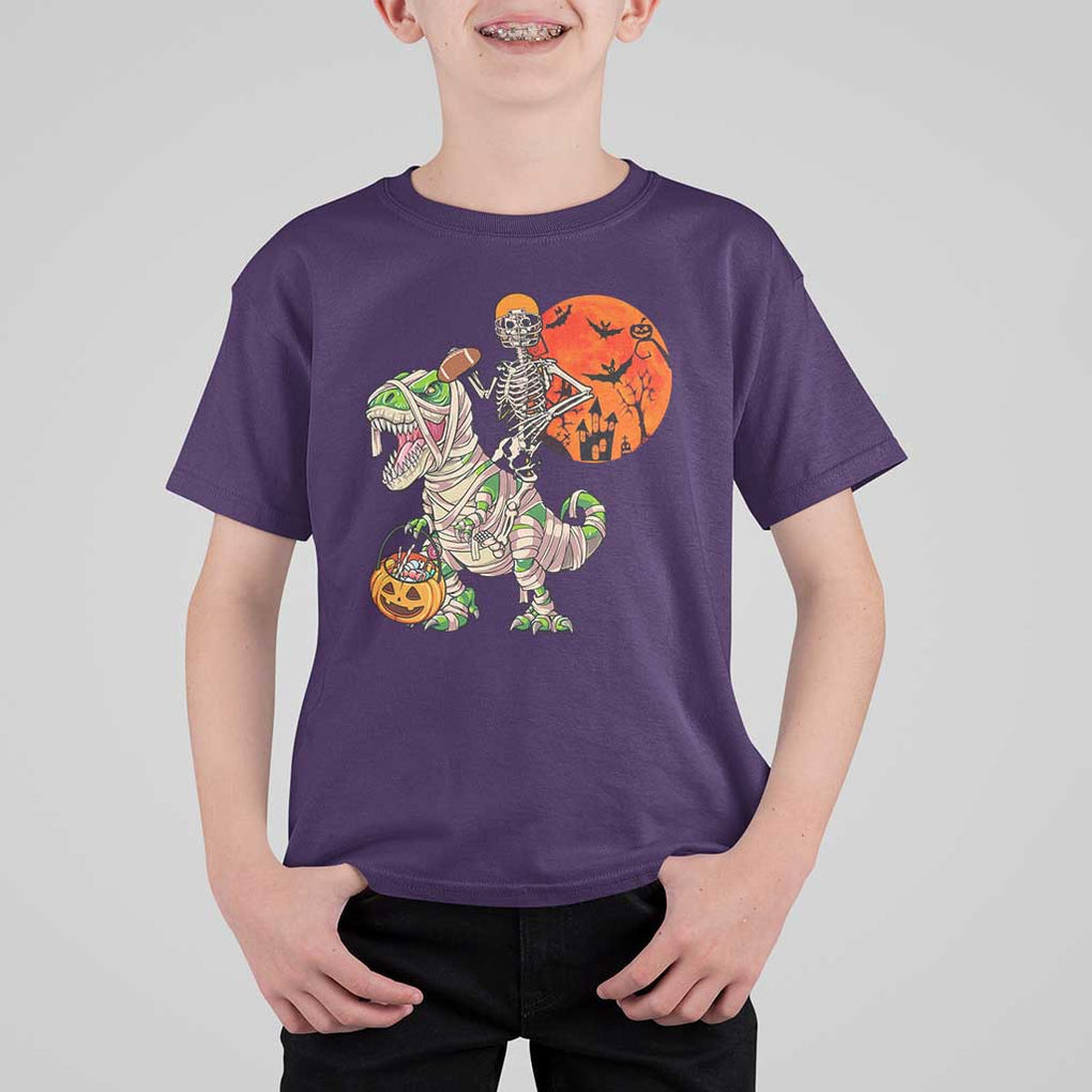 Football Skeleton T Shirt For Kid American Football Halloween Skeleton Riding Dinosaur Football Fan TS02 Purple Print Your Wear