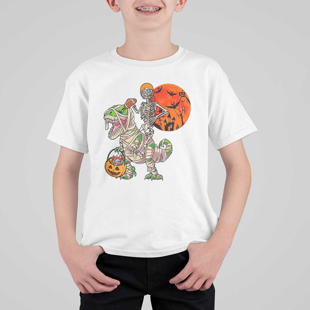 Football Skeleton T Shirt For Kid American Football Halloween Skeleton Riding Dinosaur Football Fan TS02 White Print Your Wear