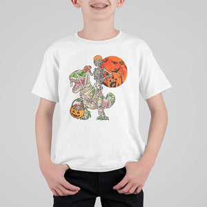 Football Skeleton T Shirt For Kid American Football Halloween Skeleton Riding Dinosaur Football Fan TS02 White Print Your Wear