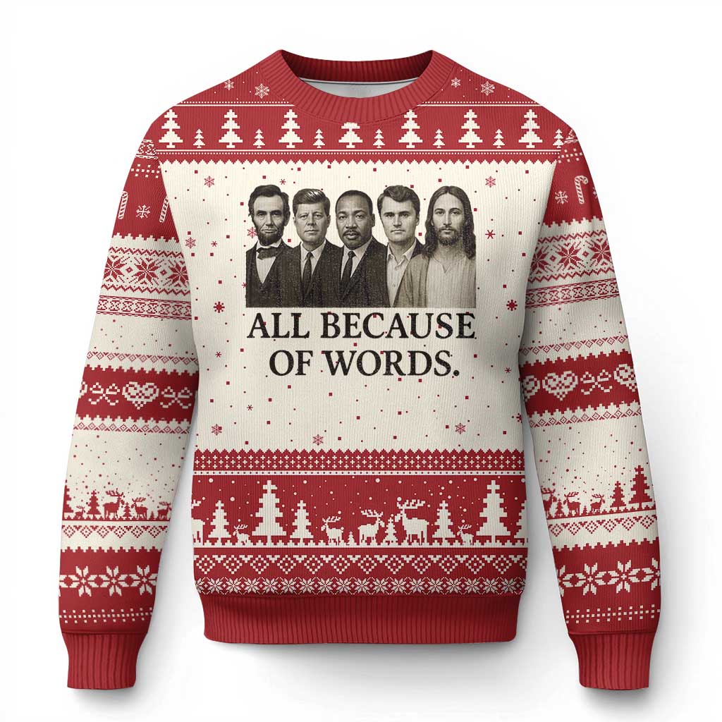 All Because of Words Ugly Christmas Sweater Tribute to Truth Tellers Freedom Defender TS02 Beige Red Print Your Wear
