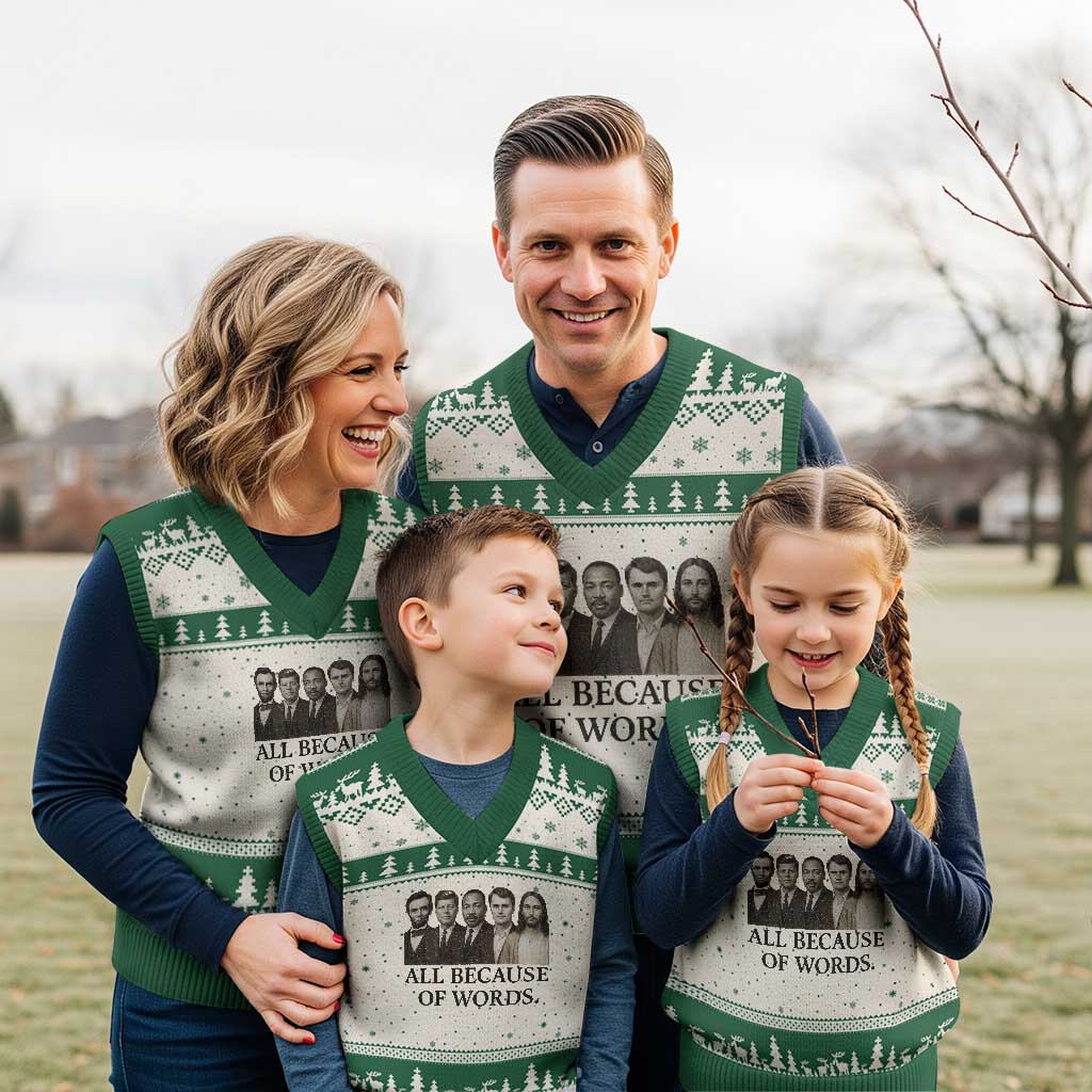 All Because of Words V-Neck Knit Sweater Vest Tribute to Truth Tellers Freedom Defender TS02 Beige Green Print Your Wear